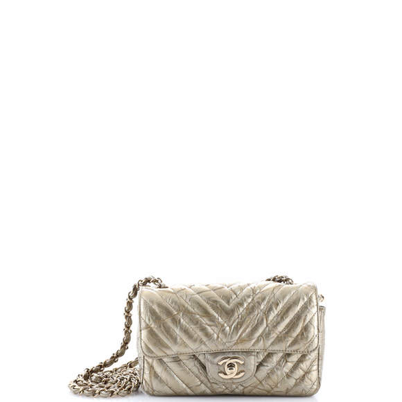Chanel Mini Classic Single Flap Bag Chevron Crumpled Metallic Patent - Picture 1 of 6